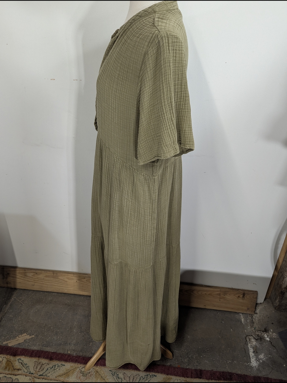 Anthropologie Olive Green Deep V-Neck Tiered Maxi Dress Cotton Gauze L - Picture 9 of 15
